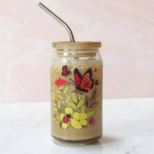 Spring Garden Can Glass | Ladybugs, Butterfly, Flowers