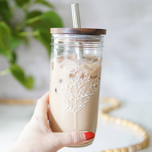 Floral 22 oz Glass Tumbler + Acacia Lid + Straw